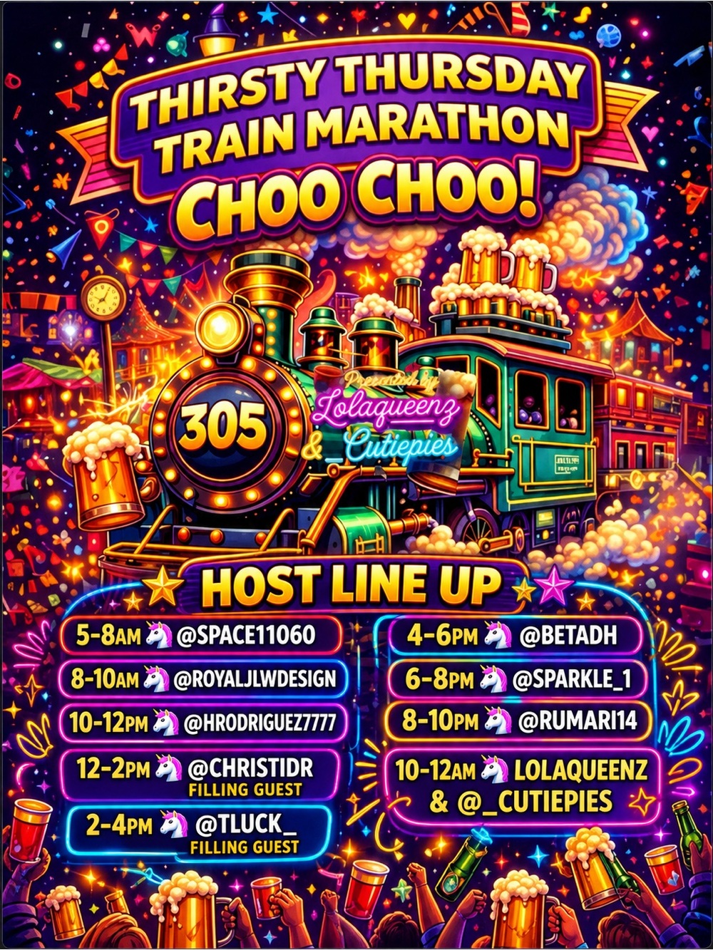 Thirsty Thursdays Train🚂Marathon CHOO CHOO 
I’m Live Now🦄Join Us